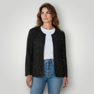 JMD New York Large Hand Beaded Evening Jacket Black Formal Hook & Bar Front New